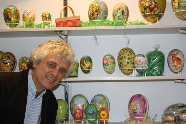Richard posing with some cardboard Easter Eggs from Erzegebirge in Germany.